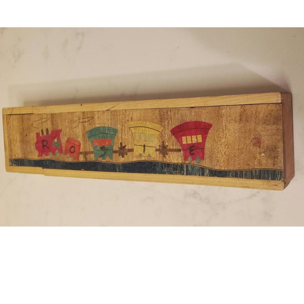 Vintage Childs Wooden  Pencil Box  9.5" X 2.25 X 1.5